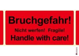 Bild von Warnetikett "Bruchgefahr! Nicht werfen! Fragile! Handle with care!"