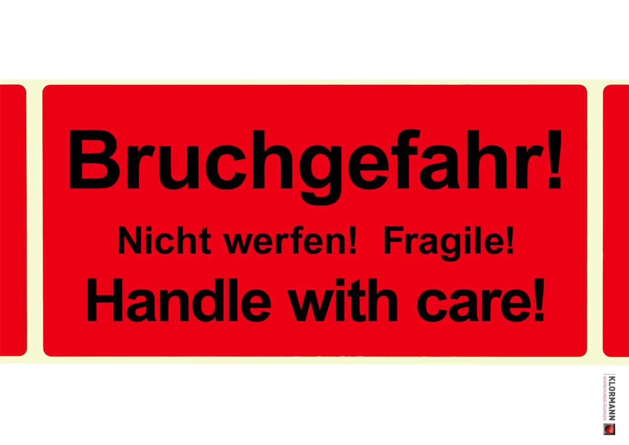 Bild von Warnetikett "Bruchgefahr! Nicht werfen! Fragile! Handle with care!"